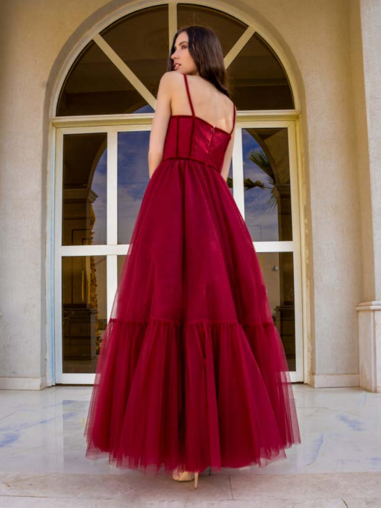 A Line Burgundy Tulle Long Prom Dresses, Princess Burgundy Formal Grad