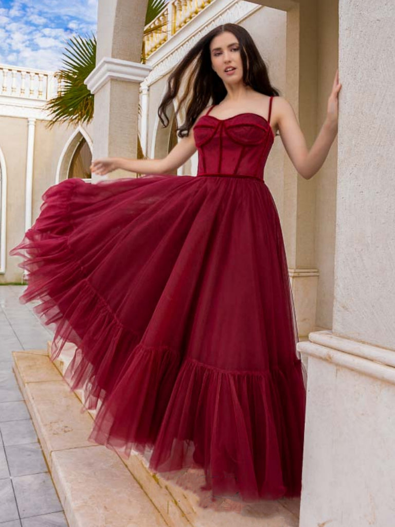 A Line Burgundy Tulle Long Prom Dresses, Princess Burgundy Formal Grad Shiny Party A Line Burgundy Tulle Long Prom Dresses, Princess Burgundy Formal Grad Shiny Party