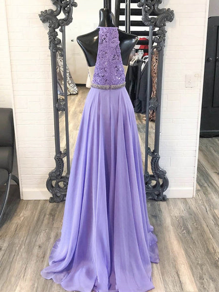 A Line Halter Neck Purple Lace Prom Dresses with Belt, Lilac Lace Formal Dresses, Purple Evening Dresses