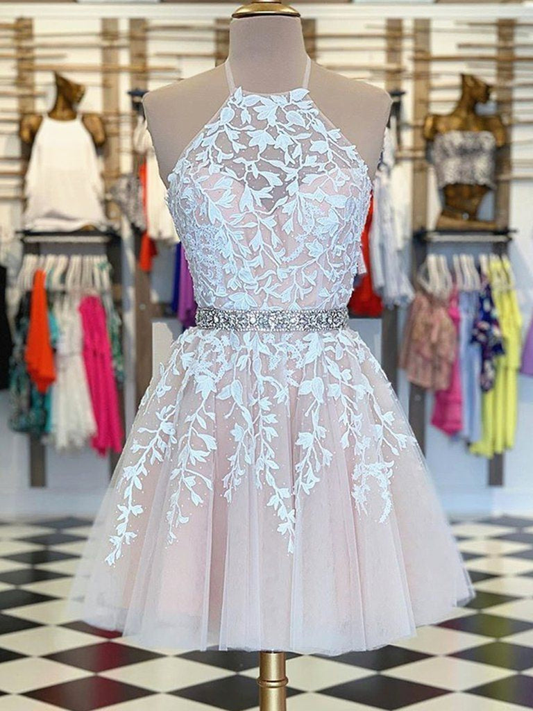 A Line Halter Neck Short Champagne Lace Prom Dresses, Champagne Lace Formal Graduation Homecoming Dresses