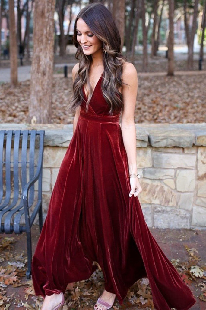 A Line Halter V Neck Backless Ankle Length Burgundy Prom Dresses, Backless Wine Red Velet Formal Dresses, Maroon Evening Dresses A Line Halter V Neck Backless Ankle Length Burgundy Prom Dresses, Backless Wine Red Velet Formal Dresses, Maroon Evening Dresses
