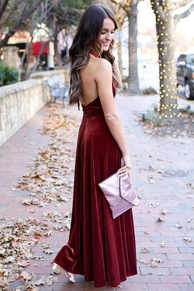 A Line Halter V Neck Backless Ankle Length Burgundy Prom Dresses, Backless Wine Red Velet Formal Dresses, Maroon Evening Dresses