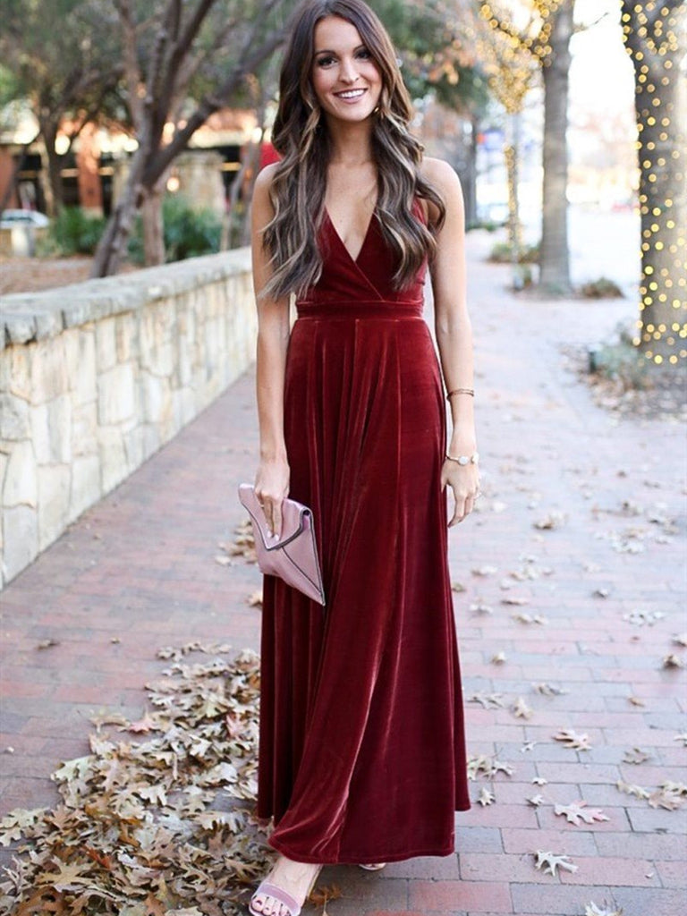 A Line Halter V Neck Backless Ankle Length Burgundy Prom Dresses, Back Shiny Party A Line Halter V Neck Backless Ankle Length Burgundy Prom Dresses, Back Shiny Party