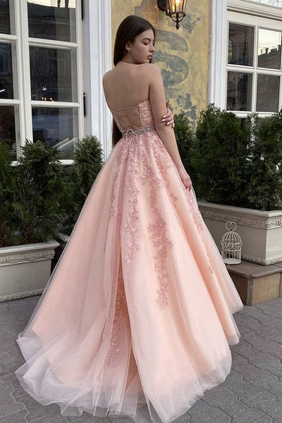 A Line High Neck Pink Lace Long Prom Dresses, Pink Lace Formal Graduation Evening Dresses
