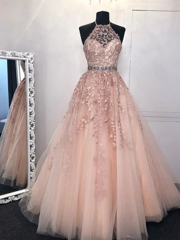 A Line Pink Lace Long Prom Dresses Wedding Dresses, Lace Pink