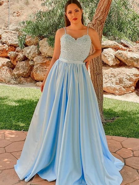A Line Light Blue Lace Long Prom Dresses with Slit, Light Blue Lace Formal Dresses, Light Blue Evening Dresses