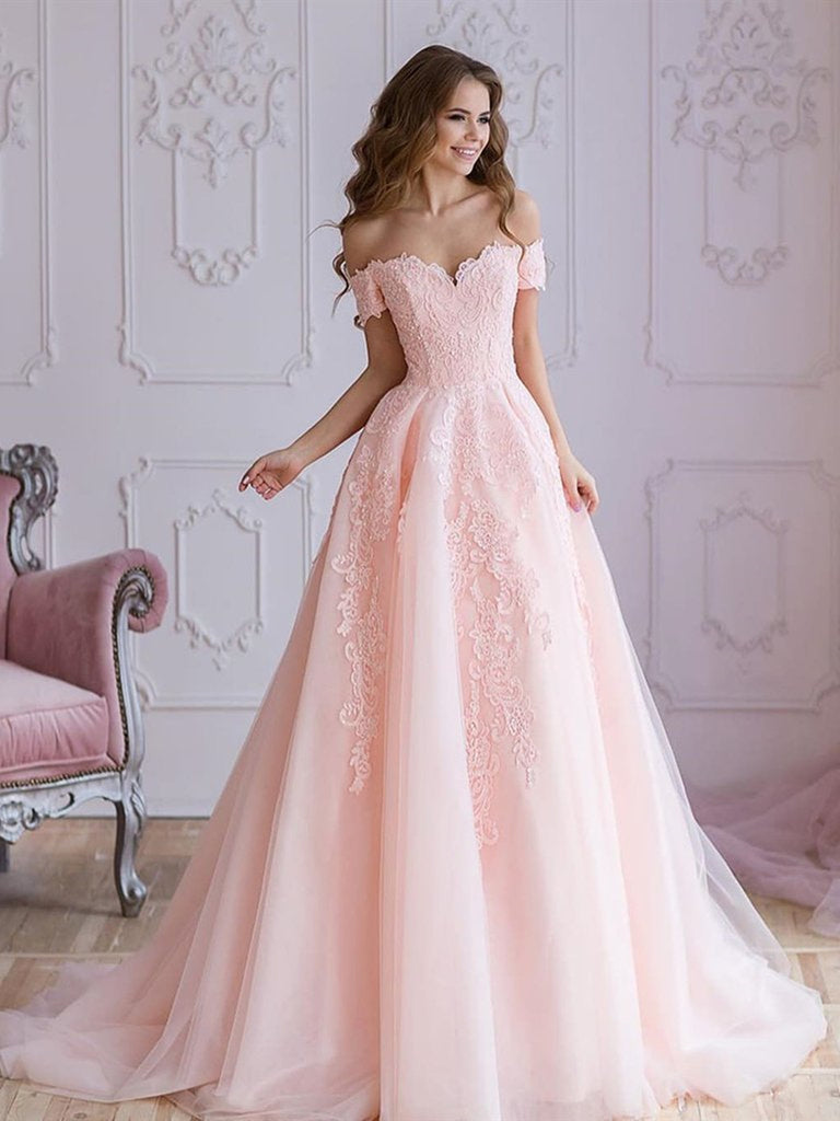 A Line Off Shoulder Pink Lace Prom Dresses, Pink Lace Wedding Dresses, Shiny Party A Line Off Shoulder Pink Lace Prom Dresses, Pink Lace Wedding Dresses, Shiny Party