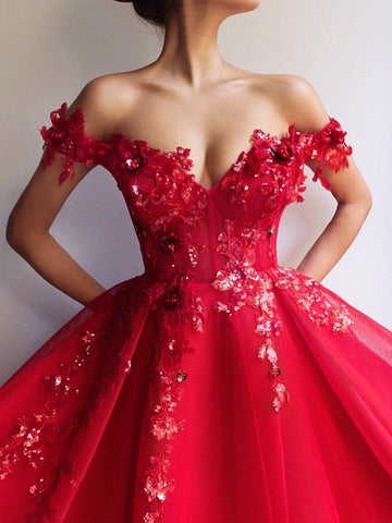 A Line Off Shoulder Tulle Red Long Prom Dresses with Appliques Sequins, Red Lace Formal Dresses, Ball Gown