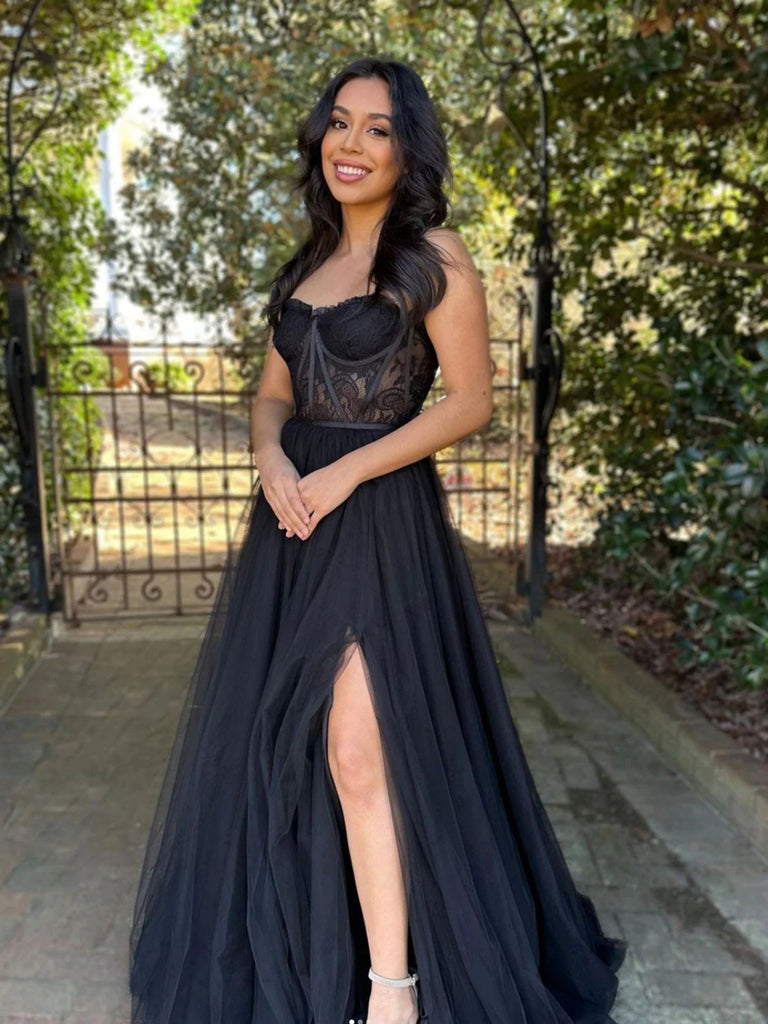 A Line Open Back Black/Red Lace Long Prom Dresses with High Slit, Blac Shiny Party A Line Open Back Black/Red Lace Long Prom Dresses with High Slit, Blac Shiny Party
