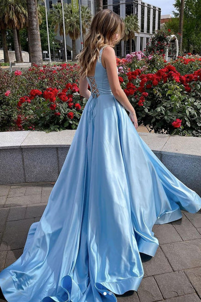 A Line Open Back Blue Satin Long Prom Dresses, Long Blue Formal Evening Dresses