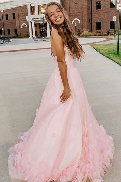 A Line Open Back Pink 3D Floral Long Prom Dresses with Thin Straps, 3D Flower Pink Formal Evening Dresses