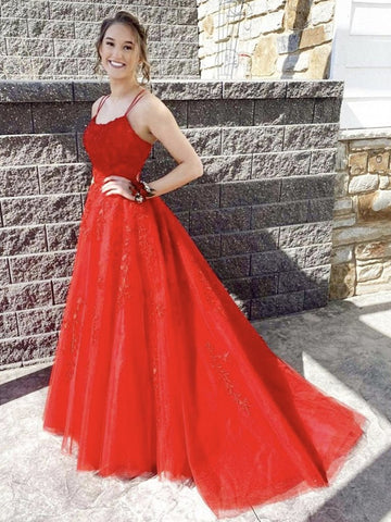 A Line Open Back Red Lace Long Prom Dresses, Red Lace Formal Dresses, Red Evening Dresses