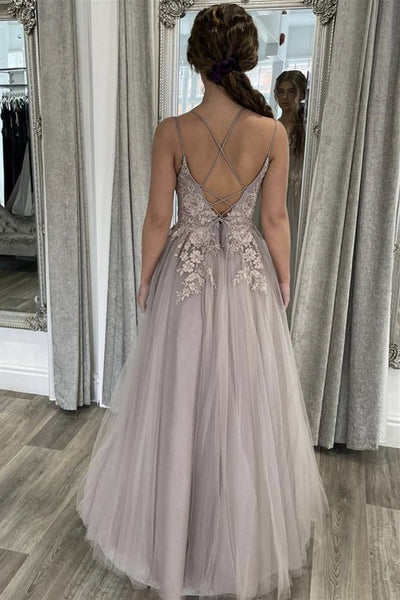 A Line Open Back Thin Strap Gray Lace Long Prom Dresses, Gray Lace Floral Formal Evening Dresses