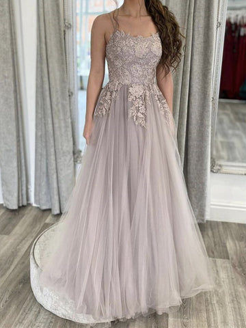 A Line Open Back Thin Strap Gray Lace Long Prom Dresses, Gray Lace Floral Formal Evening Dresses