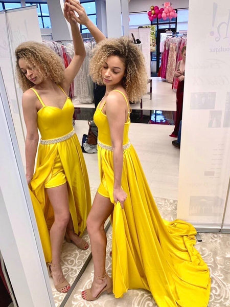 A Line Open Back Yellow Long Prom Dresses with Belt, High Slit Yellow Formal Dresses, Yellow Evening Dresses