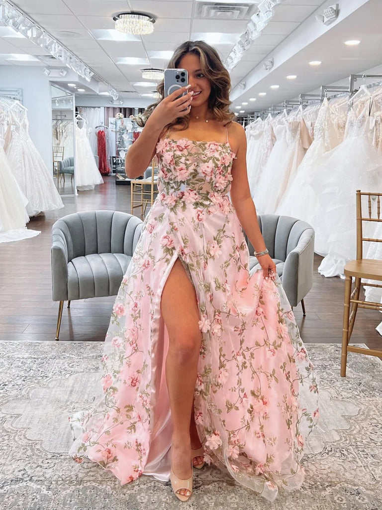 A Line Pink Floral Long Prom Dresses with High Slit, Long Pink Formal Graduation Evening Dresses with 3D Flowers SP2632