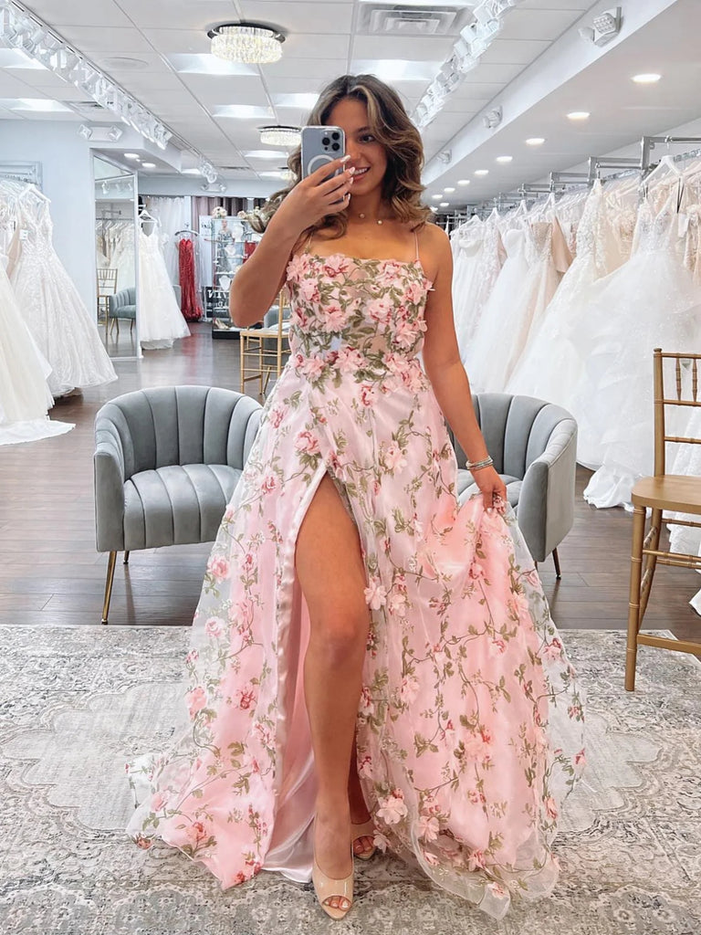 A Line Pink Floral Long Prom Dresses with High Slit, Long Pink Formal ...