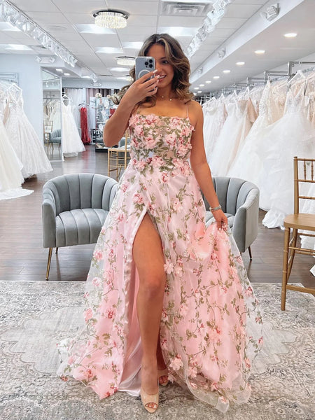 A Line Pink Floral Long Prom Dresses with High Slit, Long Pink Formal ...