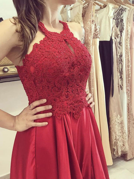 A Line Red Lace Long Prom Dresses, Long Red Lace Formal Graduation Evening Dresses