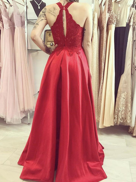 A Line Red Lace Long Prom Dresses, Long Red Lace Formal Graduation Evening Dresses