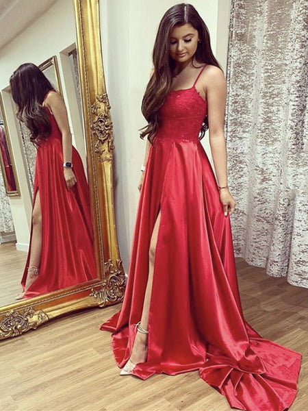 A Line Red Lace Long Prom Dresses with Leg Slit, Red Lace Formal Graduation Evening Dresses