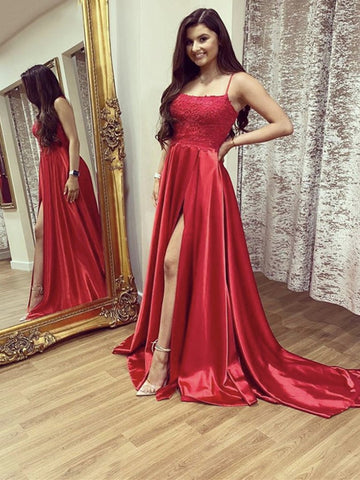 A Line Red Lace Long Prom Dresses with Leg Slit, Red Lace Formal Graduation Evening Dresses