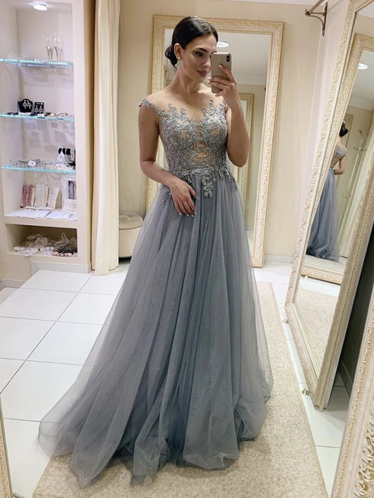 A Line Round Neck Cap Sleeves Gray Lace Prom Dresses, Gray Lace Formal Shiny Party A Line Round Neck Cap Sleeves Gray Lace Prom Dresses, Gray Lace Formal Shiny Party