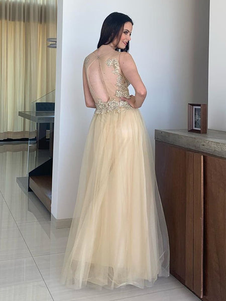 A Line Round Neck Champagne Lace Long Prom Dresses, Champagne Lace Formal Graduation Evening Dresses