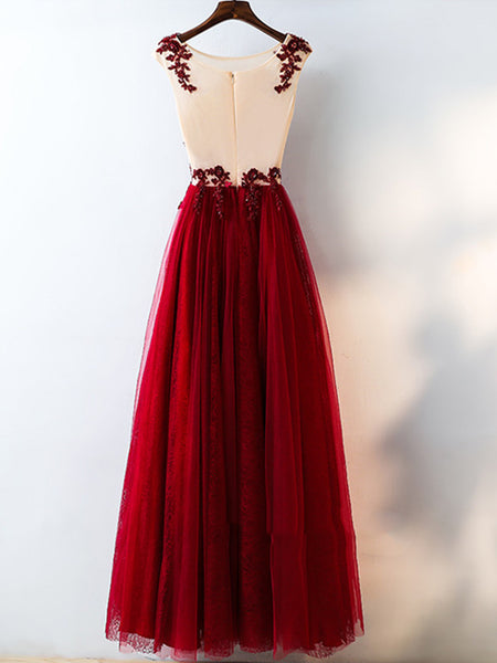 A Line Round Neck Lace Burgundy Prom Dress, Burgundy Formal Dress, Prom Gown