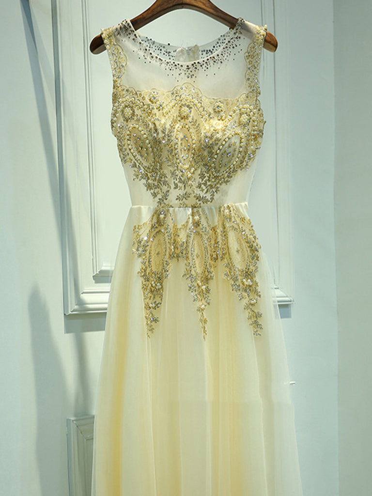 A Line Round Neck Lace Golden Prom Dress, Golden Formal Dress Shiny Party A Line Round Neck Lace Golden Prom Dress, Golden Formal Dress Shiny Party