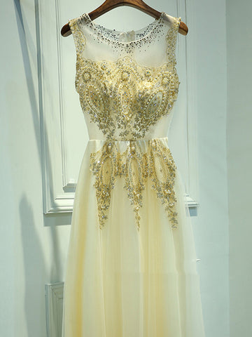 A Line Round Neck Lace Golden Prom Dress, Golden Formal Dress