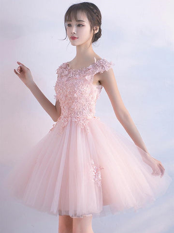 A Line Round Neck Short Pink Lace Prom Dresses, Pink Lace Formal Graduation Homecoming Dresses
