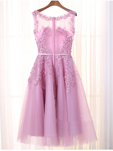 A Line Round Neck Short Purple Lace Prom Dresses, Graduation Dress, Homecoming Dresses, Bridesmaid Dresses