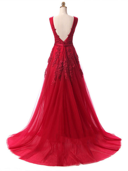 A Line Round Neck Sleeveless Burgundy Lace Prom Dress, Burgundy Lace Bridesmaid Dress