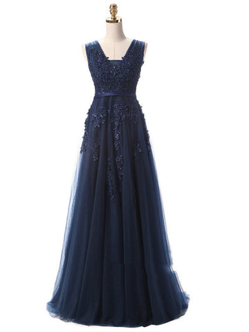 A Line Round Neck Sleeveless Navy Blue Lace Prom Dress, Navy Blue Lace Bridesmaid Dress