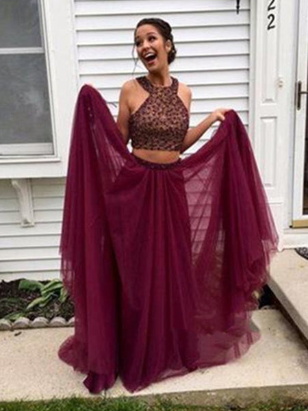 A Line Round Neck Two Pieces Maroon Prom Dresses, Two Pieces Maroon Formal Dresses
