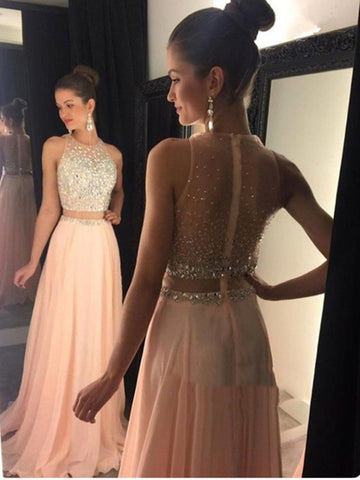 A Line Round Neck Two Pieces Sleeveless Pink Floor Length Prom Dress, Pink Long Formal Dress, Pink Evening Dress