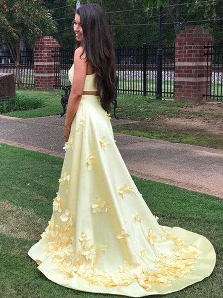 A Line Round Neck Yellow Floral Long Prom Dresses, 3D Flowers Yellow Formal Evening Dresses
