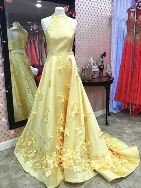 A Line Round Neck Yellow Floral Long Prom Dresses, 3D Flowers Yellow Formal Evening Dresses