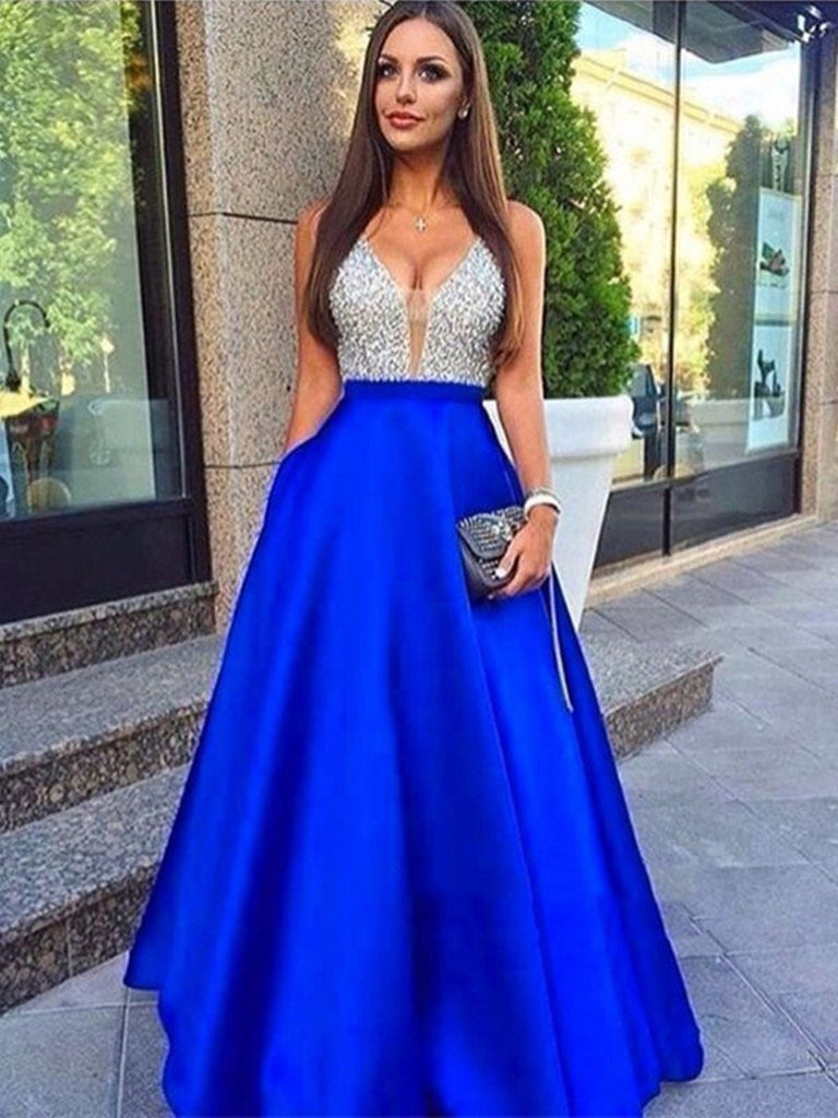 A Line Royal Blue Long Prom Dresses, Royal Blue Formal Dresses, Evenin