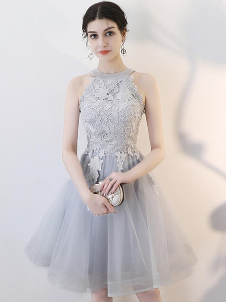 A Line Short Gray Lace Prom Dresses with Appliques, Gray Lace Formal Graduation Homecoming Dresses