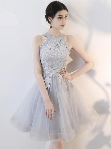 A Line Short Gray Lace Prom Dresses with Appliques, Gray Lace Formal Graduation Homecoming Dresses