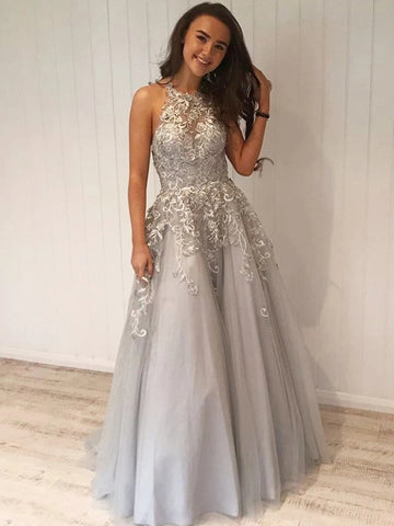 A Line Silver Grey Lace Long Prom Dresses, Silver Grey Lace Formal Graduation Evening Dresses