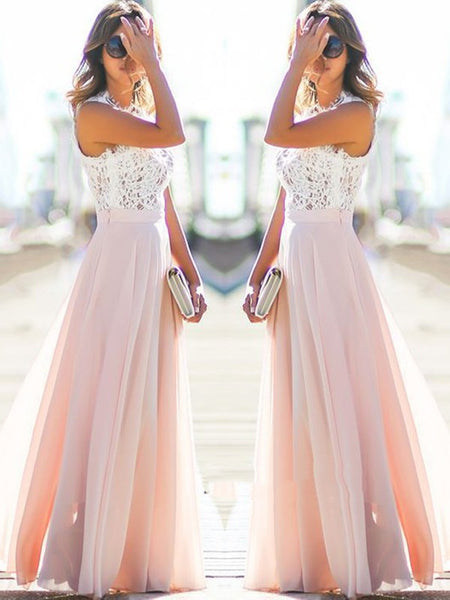 A Line Sleeveless Floor Length Lace Pink Prom Dress, Pink Formal Dress