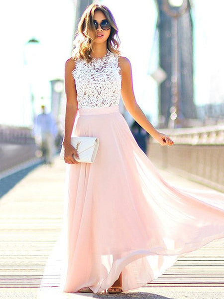 A Line Sleeveless Floor Length Lace Pink Prom Dress, Pink Formal Dress