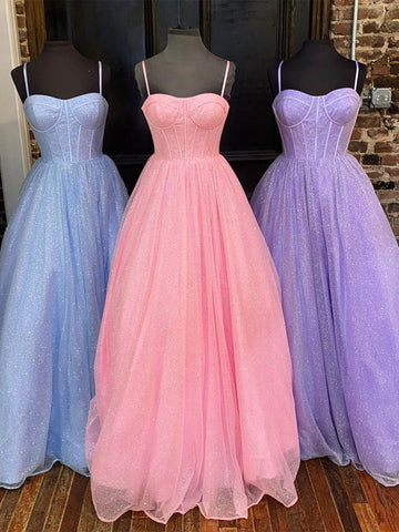 A Line Spaghetti Straps Blue/Pink/Lilac Tulle Long Prom Dresses, Shiny Blue/Pink/Lilac Formal Evening Dresses SP2265