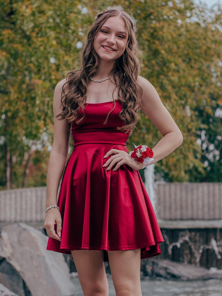 A Line Spaghetti Straps Burgundy Prom Dresses, Short Burgundy Homecomi Shiny Party A Line Spaghetti Straps Burgundy Prom Dresses, Short Burgundy Homecomi Shiny Party
