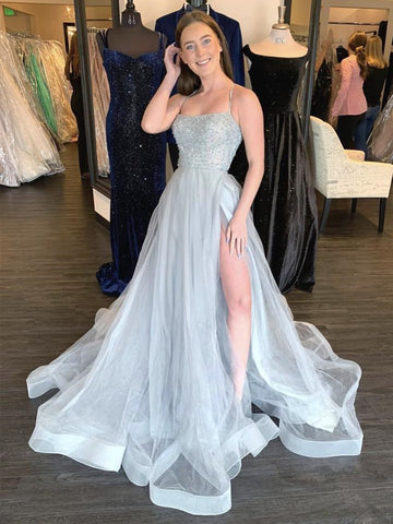 A Line Spaghetti Straps Grey Beaded Long Prom Dresses with High Split, Grey Formal Graduation Evening Dresses with Beads
