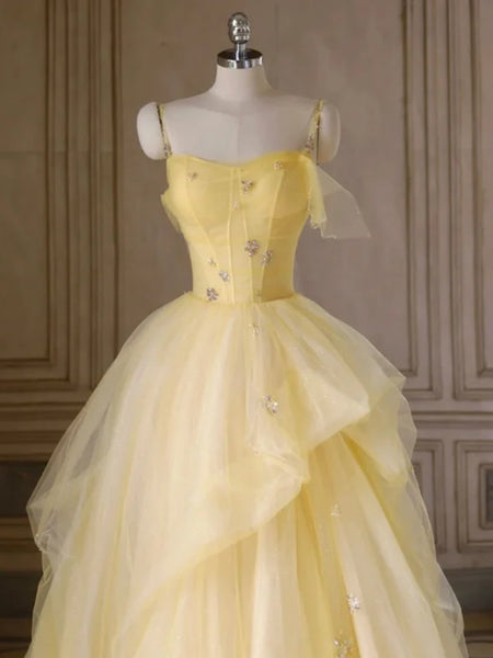 A Line Spaghetti Straps Layered Yellow Long Prom Dresses, Yellow Tulle Formal Evening Dresses, Ball Gown SP2678
