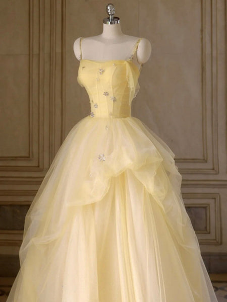 A Line Spaghetti Straps Layered Yellow Long Prom Dresses, Yellow Tulle Formal Evening Dresses, Ball Gown SP2678